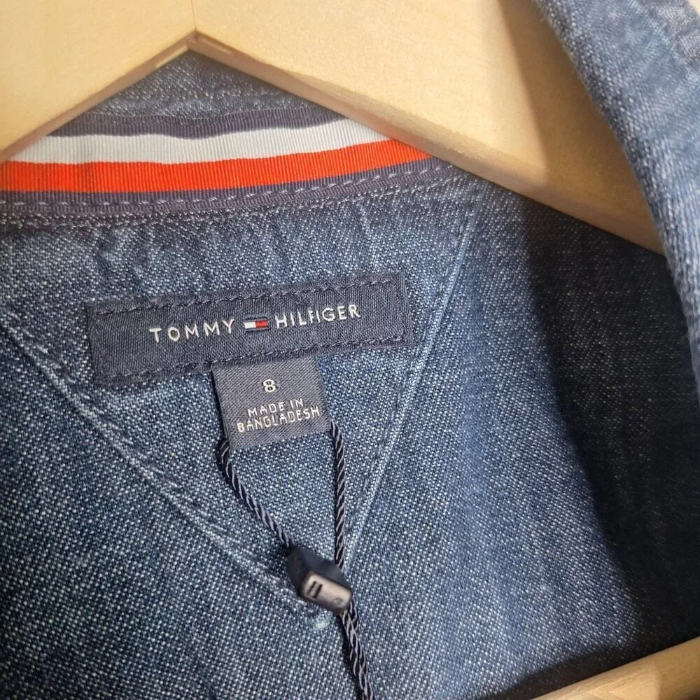NWT Tommy Hilfiger Girls Denim Jeans Overalls Size 8 Long Sleeve Snap Buttons Pr